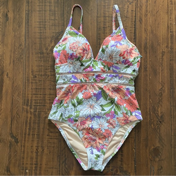 Kona Sol New Swimsuit Floral One Piece M Boho Tropical Pastel - Picture 2 of 9